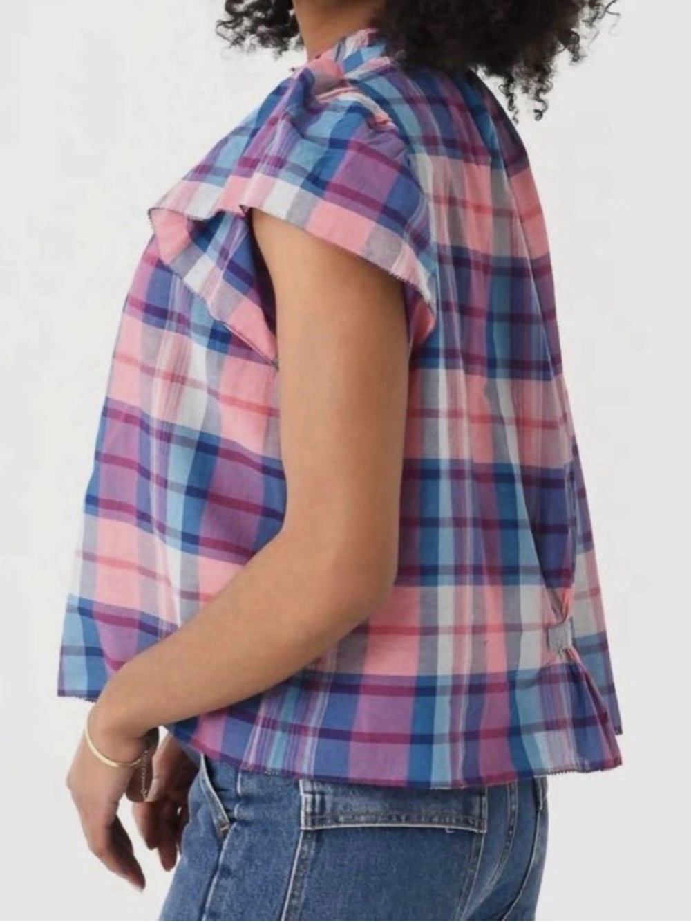Birds of Paradis by Trovata Plaid Ruffle Short Sleeve Blouse Top - Picture 2 of 8